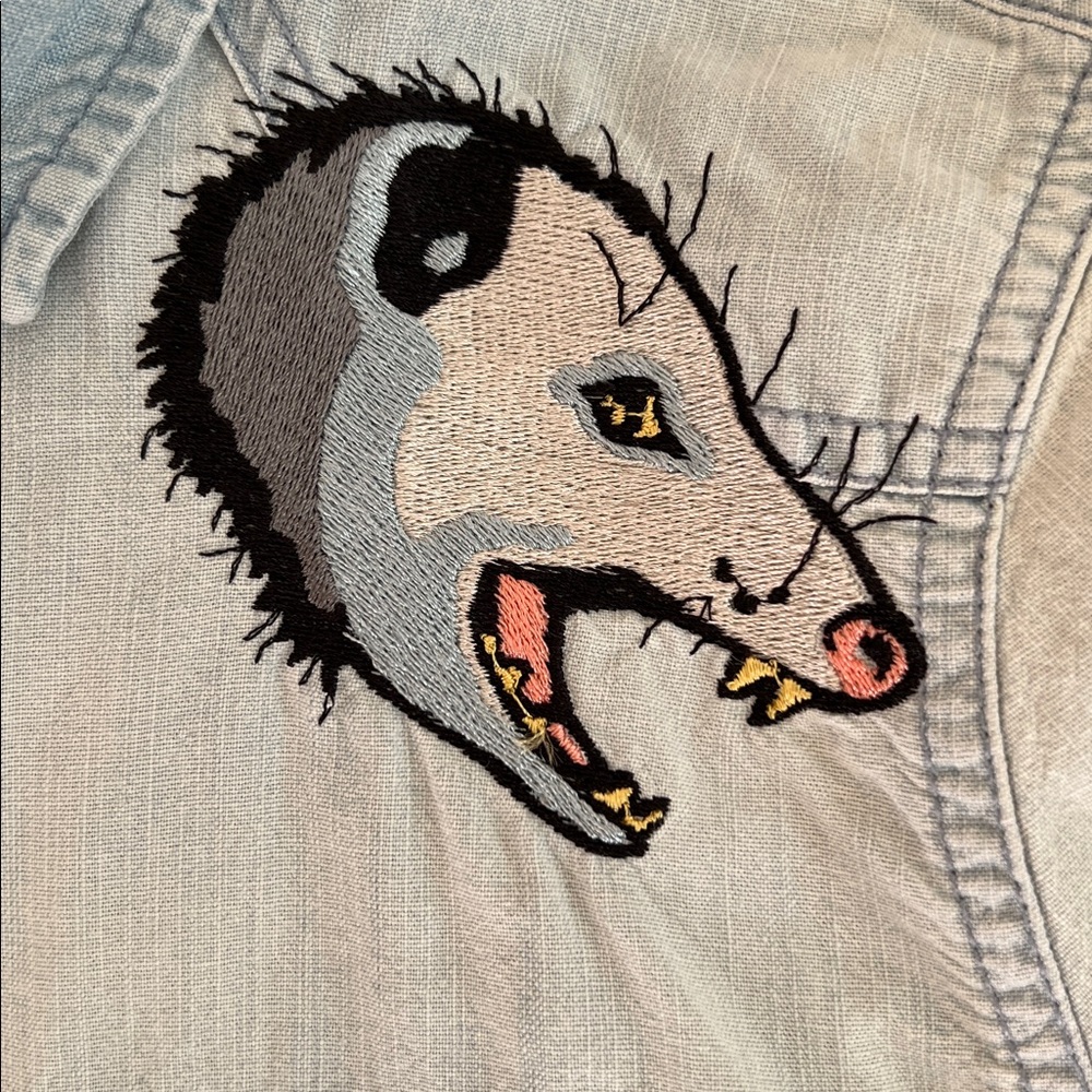 Denim western Shirt with possum embroidery women’s small vintage handmade